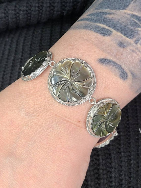 Flower Carved Abalone Shell Bracelet, 925 Silver, 