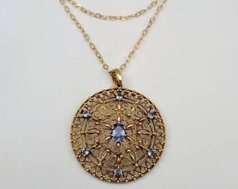 1.24 CTW Tanzanite Medallion Necklace in 925 Silver Gold Vermeil Accents, Estate Jewelry, w#2358