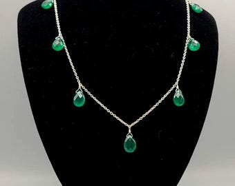 Vintage 925 Silver Chrysoprase Briolette Station Necklace, Estate Jewelry, w#2810