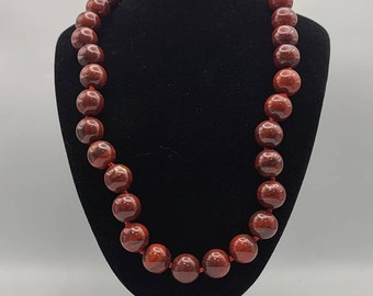 Red Jasper Necklace, 925 Silver, Beaded Necklace, 12mm, 19-Inch, Vintage Estate Jewelry, Item w#2083