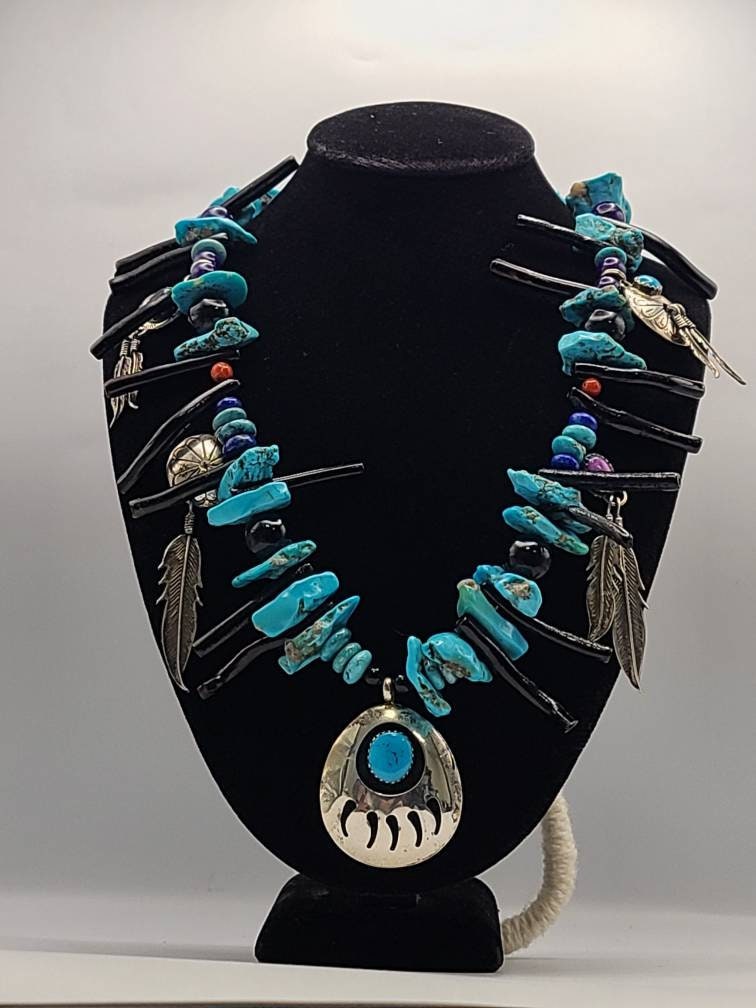 Vintage Bear Claw Turquoise Coral Silver Beaded Necklace Choker by James  Honyaktewa -- Estate Jewelry