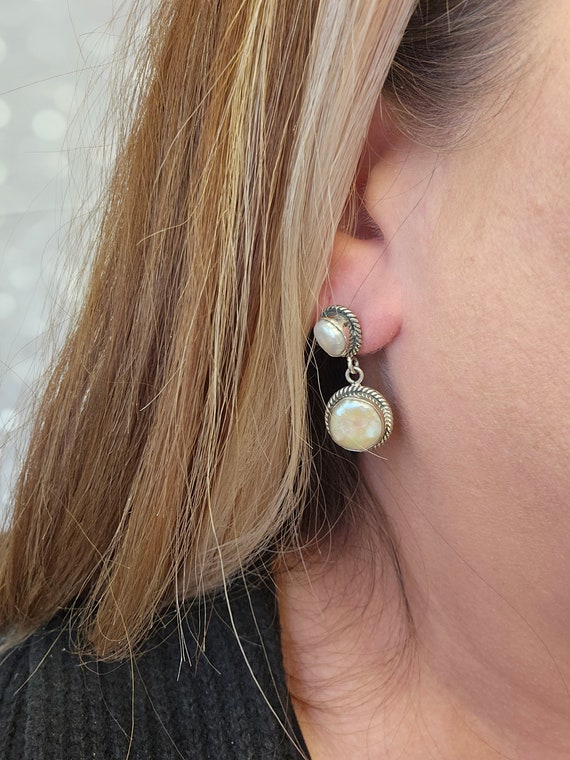 Coin Pearl Earrings, 925 Silver, Bezel Set Pearl … - image 2