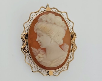 Vintage 14k Yellow Gold Shell Cameo Brooch or Pendant – Mid-Century Italian Portrait of a Lady – Elegant Scrollwork - Estate Jewelry, W#730