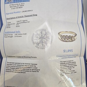 Puede incluir: Documento de tasaci&oacute;n de un anillo de diamantes, que detalla sus especificaciones. Incluye un diamante talla brillante redonda de 0,46 CT, oro amarillo de 14K y un peso total de 3,9 gramos. La fecha de la tasaci&oacute;n es el 4/11/2024.