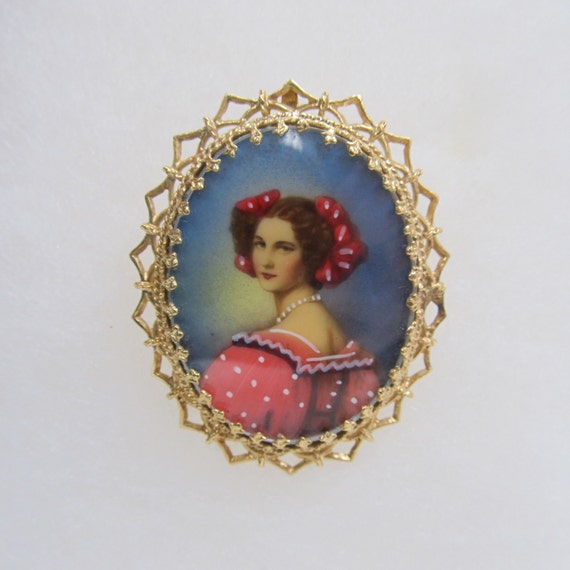 Hand-Painted Portrait of a Lady Cameo, 14kt Gold,… - image 1