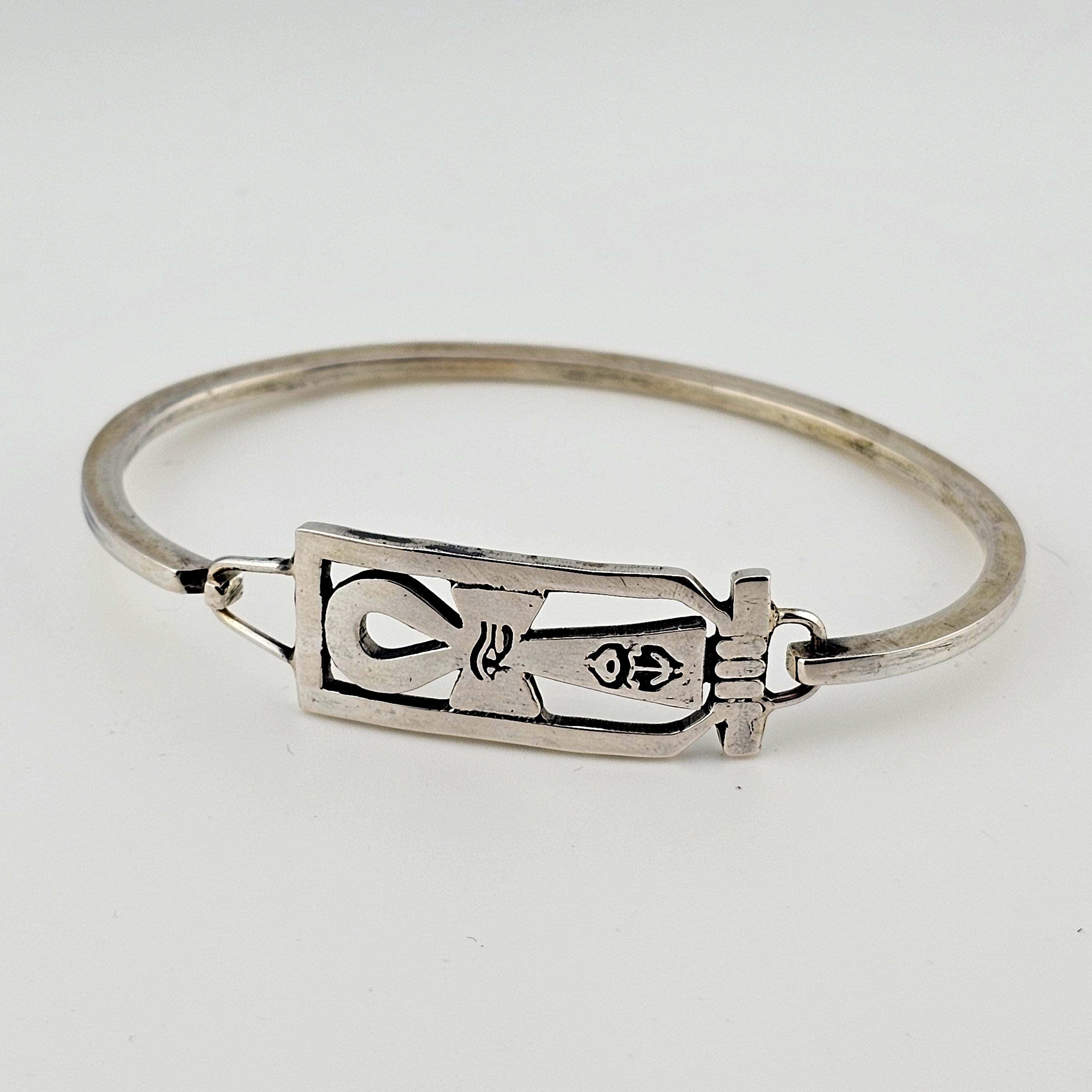 Vintage 925 Sterling Egyptian Ankh Bangle Bracelet - Estate