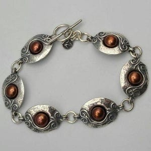 Designer Or Paz 925 Sterling Silver Ornate Panel Copper Colored Pearl Bracelet, Estate Jewelry, w#2071