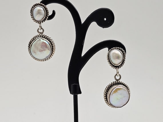 Coin Pearl Earrings, 925 Silver, Bezel Set Pearl … - image 1