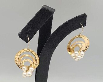 Vintage Pearl Cluster Earrings - 14k Yellow Gold - Estate Jewelry