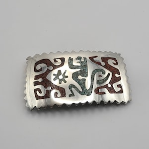Vintage 925 Sterling Silver Inlaid Turquoise and Coral Southwestern Belt Buckle, W#1341