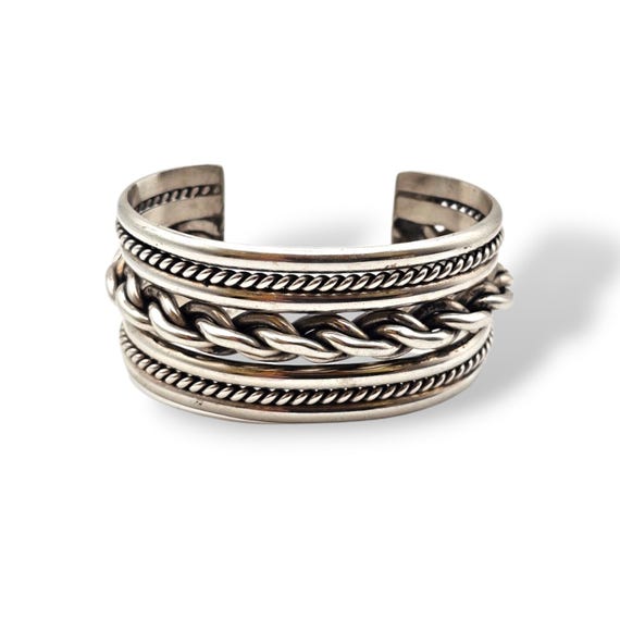 Vintage Sterling Silver Braided Cable Cuff Bracelet - Navajo