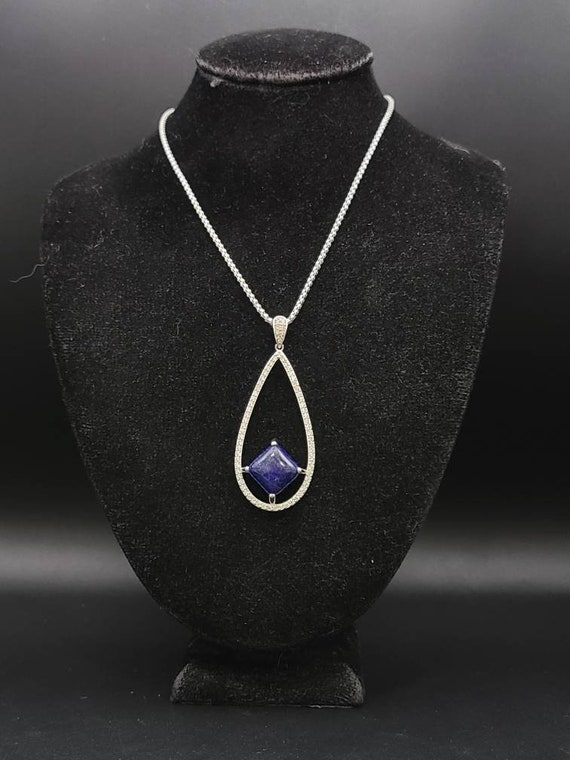 Lapis and Cubic Zirconia Teardrop Necklace, 925 S… - image 1