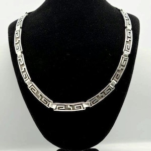 Vintage Greek Key Necklace 925 Sterling Silver Patterned Collar Panel Necklace, Estate Jewelry Gift, w#3099