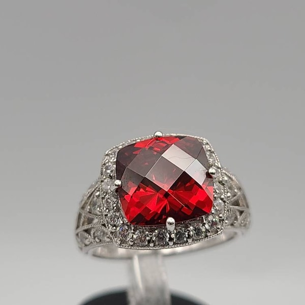 Ruby Red Cubic Zirconia Ring, 925 Silver Ring, Cushion Cut Cubic Zirconia Ring, July Birthstone, Vintage Estate Jewelry, Size 7, Item w#714