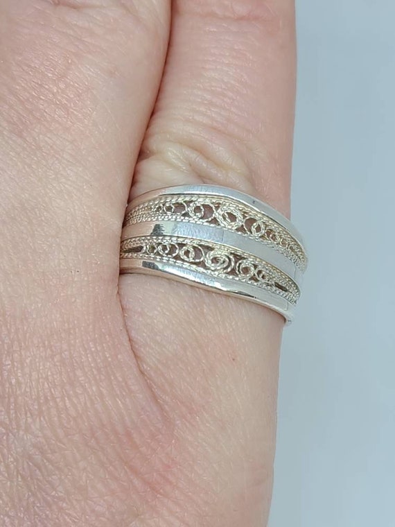 Wide Ornate Scroll Motif Ring in 925 Silver, Orna… - image 1