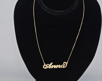Vintage 925 Silver Gold Vermeil Script Lettering Anna Nameplate Necklace, Estate Jewelry, w#3629