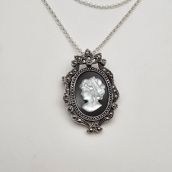 Marcasite Framed Onyx and Mother of Pearl Cameo Necklace in 925 Silver, Pin or Pendant, Vintage Estate Jewelry, Cameo Collector Gift, w#2184