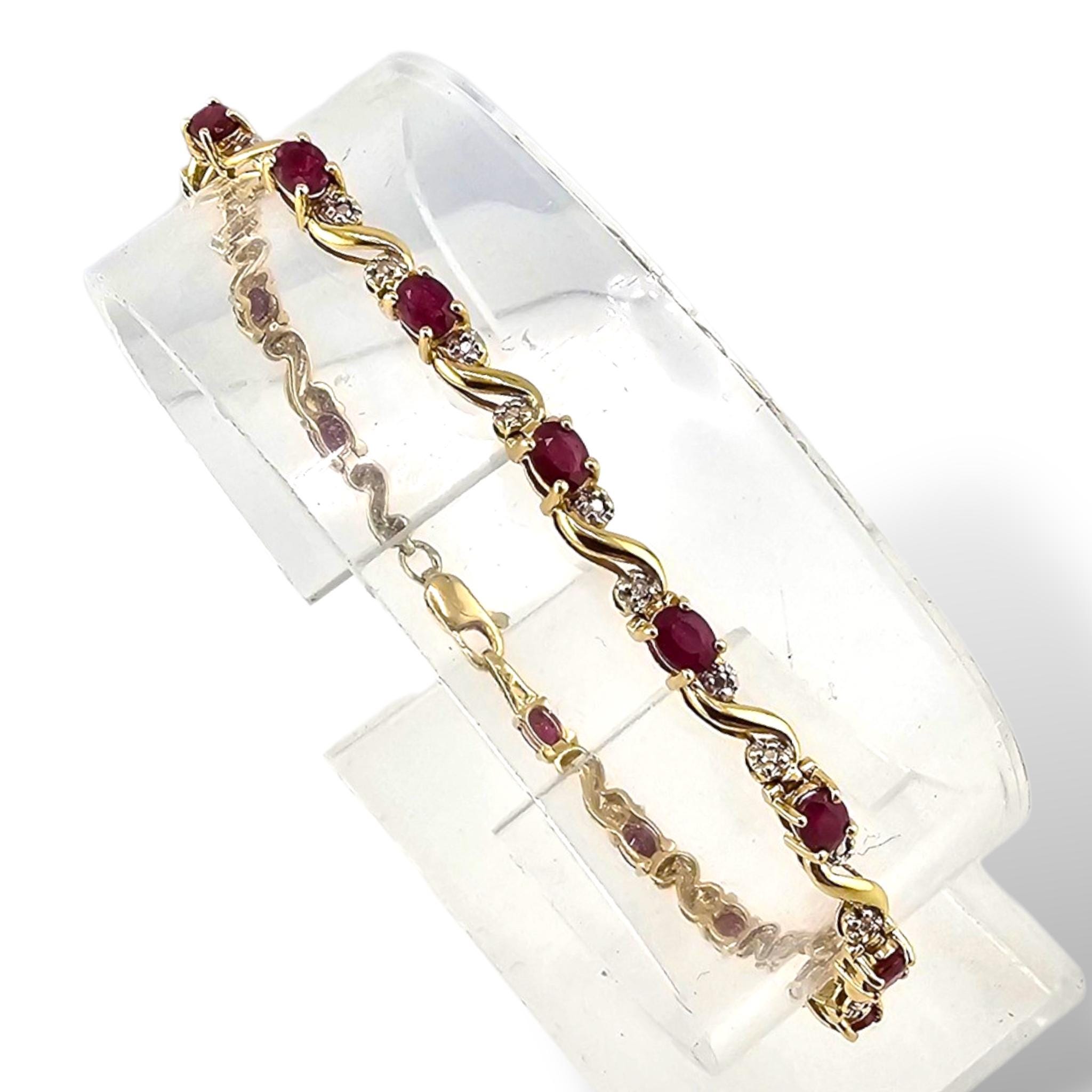 Vintage Fracture Filled Ruby Bracelet - 10k Yellow Gold - Diamond