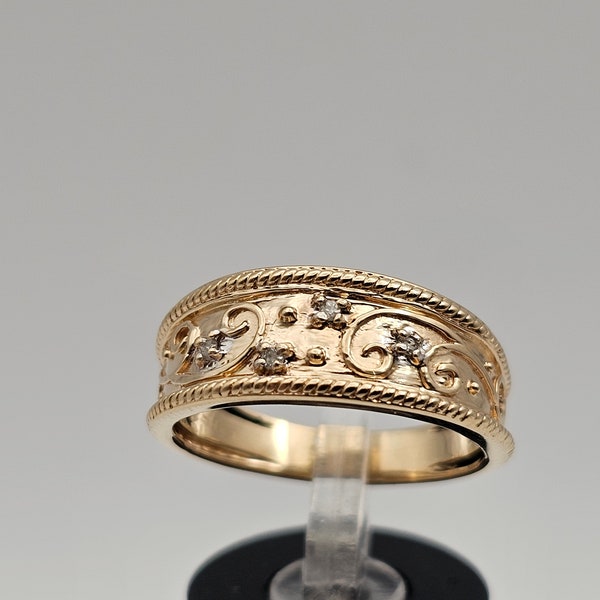 Wide Ornate Scroll and Diamond Band in 14k Yellow Gold, Vintage Estate Jewelry, Size 8.75, W#180