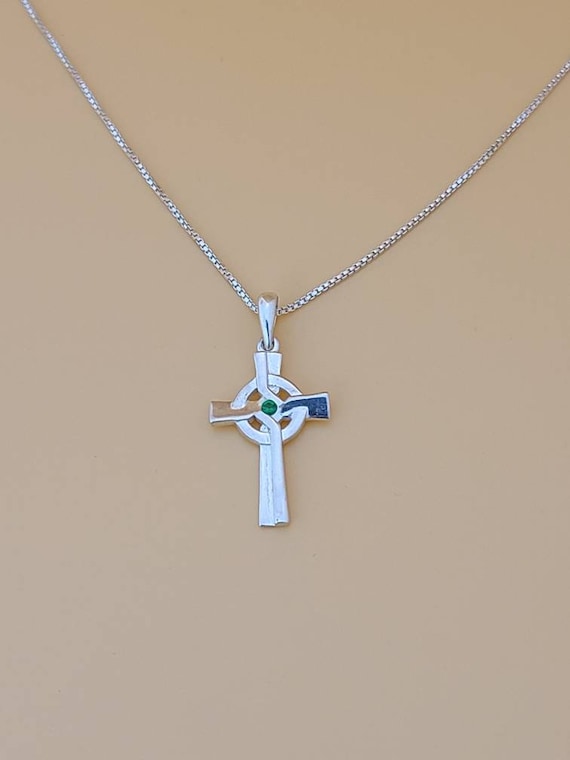 Celtic Cross Necklace in 925 Silver, Green Agate … - image 1