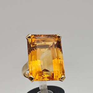 Vintage 14k Yellow Gold 24ct Citrine Ring – Large Emerald Cut Citrine November Birthstone Statement Ring, Size 5.5 Estate Jewelry, w#2005