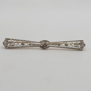 Antique Art Deco 14k Gold Filigree Bar Pin, Diamond Accent Bow Brooch, Estate Jewelry, w#3453