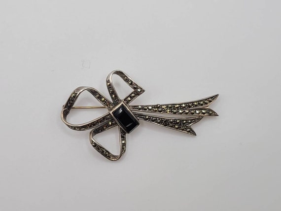 Marcasite and Onyx Bow Pin, 925 Silver, Marcasite… - image 2