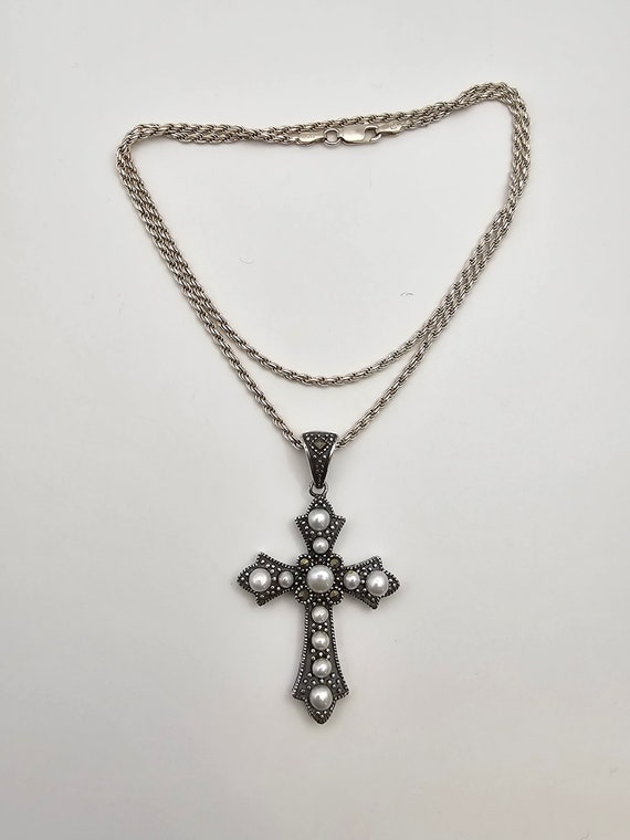 Marcasite and Pearl Cross Necklace in 925 Silver,… - image 5
