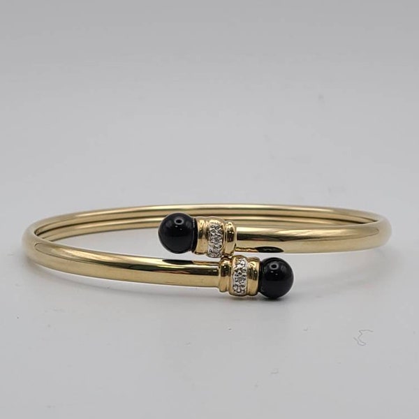 Black Onyx and Diamond Bypass Bracelet in 14kt Yellow Gold, Onyx Bangle Bracelet, Vintage Diamond and Black Onyx Bracelet Item w#446