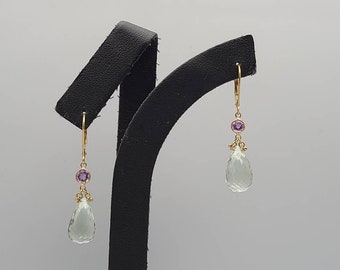 Green Amethyst Briolette Earrings in 14kt Yellow Gold Green Amethyst and Amethyst Earrings, Amethyst Drop Earrings Item w#3055