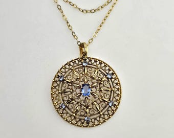 Vintage Tanzanite Medallion Necklace - 925 Sterling Silver - Gold Vermeil - Estate Jewelry