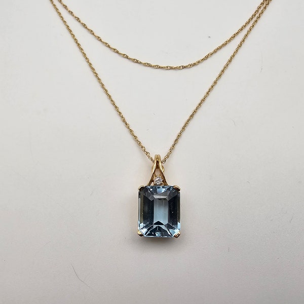 Blue Topaz and Diamond Pendant Necklace in 14kt Yellow Gold, 8.28ct. Emerald Cut Blue Topaz, December Birthstone, Estate Jewelry, w#3417