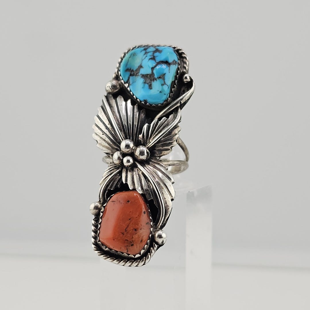 Vintage Sterling Silver Navajo Turquoise and Coral Ring - Estate ...