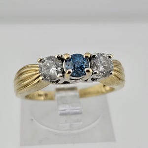 Vintate 14k Yellow Gold Old European Cut Blue Diamond Ring - Three-stone Ring - Size 6.75, Appraised Estate Jewelry, w#171