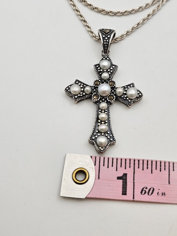 Marcasite and Pearl Cross Necklace in 925 Silver,… - image 8