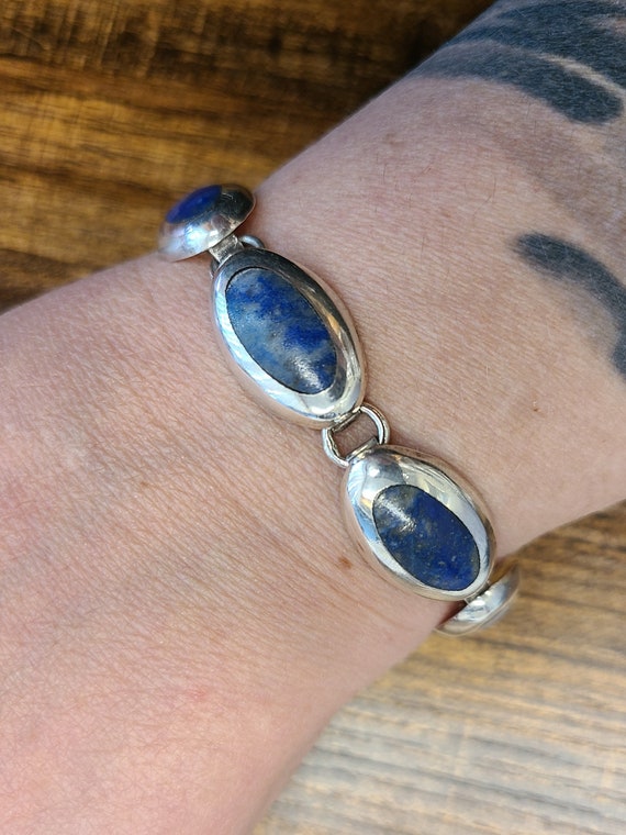 Lapis Lazuli Panel Bracelet, 925 Silver Inlay Lap… - image 10