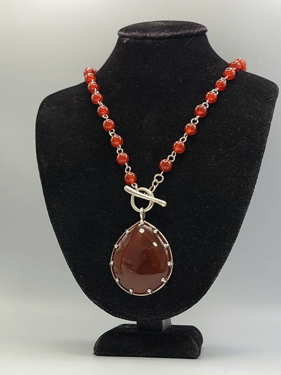 Carnelian Teardrop Necklace, Beaded Carnelian Nec… - image 1