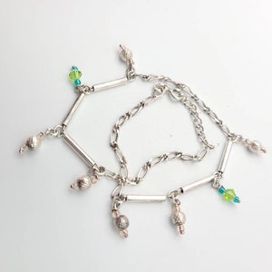 Vintage 925 Silver Beaded Green Crystal Anklet Bracelet, Estate Jewelry, w#1600