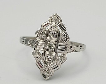 14k White Gold Art Deco Diamond Ring, 0.14 CTW Natural Diamonds, Appraised, Size 10.5, Vintage Estate Jewelry, w#3039