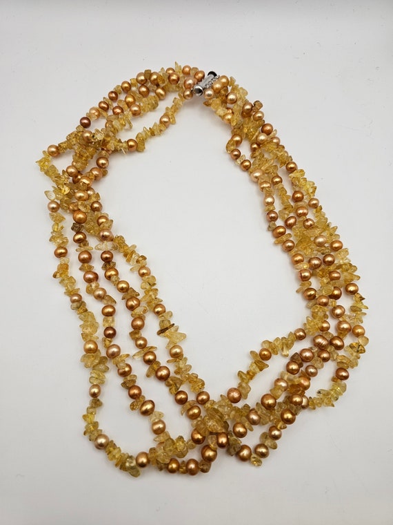 Citrine and Pearl Necklace, 925 Silver, Multi-Str… - image 2