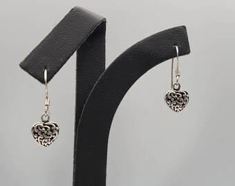 Heart Drop Earrings, 925 Silver Heart Earrings, Vintage Ornate Heart Earrings, Silver Heart Earrings Item w# 1635