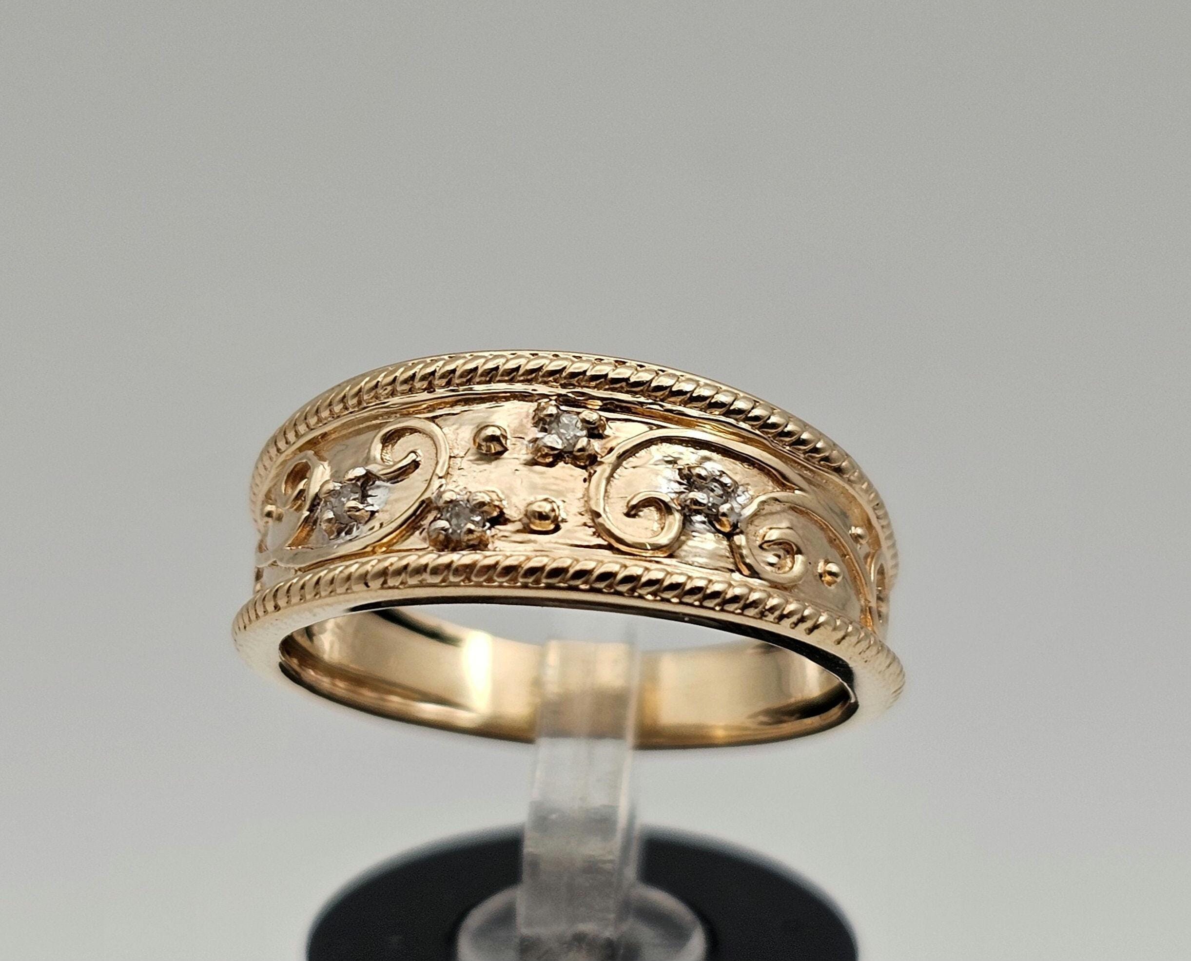 Vintage 14k Yellow Gold Diamond Ring – Wide Ornate Scroll Wedding