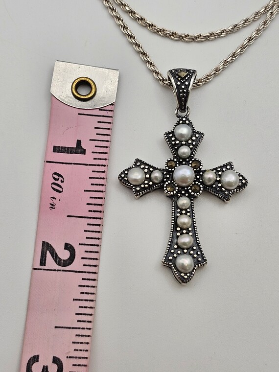 Marcasite and Pearl Cross Necklace in 925 Silver,… - image 9