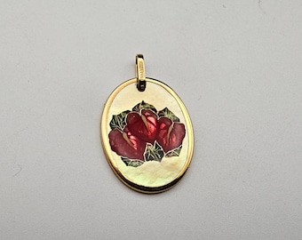 Hand Painted Red Anthurium on Mother of Pearl Pendant, Solid 18k Gold, Hawaiian Pendant for Necklace, Vintage Estate Jewelry, w#2411