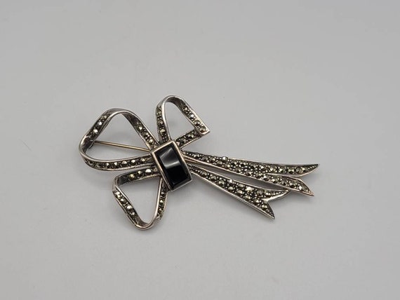 Marcasite and Onyx Bow Pin, 925 Silver, Marcasite… - image 1
