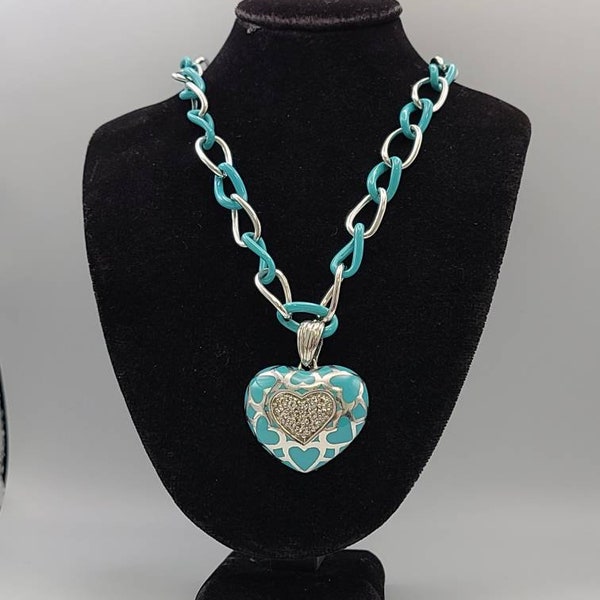 Angelique De Parris Necklace, 925 Silver Enameled Heart Necklace, Blue Heart Necklace, Cubic Zirconia Heart Necklace, Item w#1373