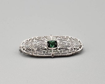 Vintage Green Tourmaline Filigree Pin 14k White Gold Tourmaline Gemstone Brooch, Estate Jewelry, w#1257