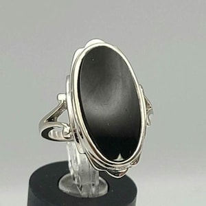 Vintage Black Onyx Ring 14k White Gold Oval Cut Onyx Statement Ring, Estate Jewelry, Size 6.5, w#2987