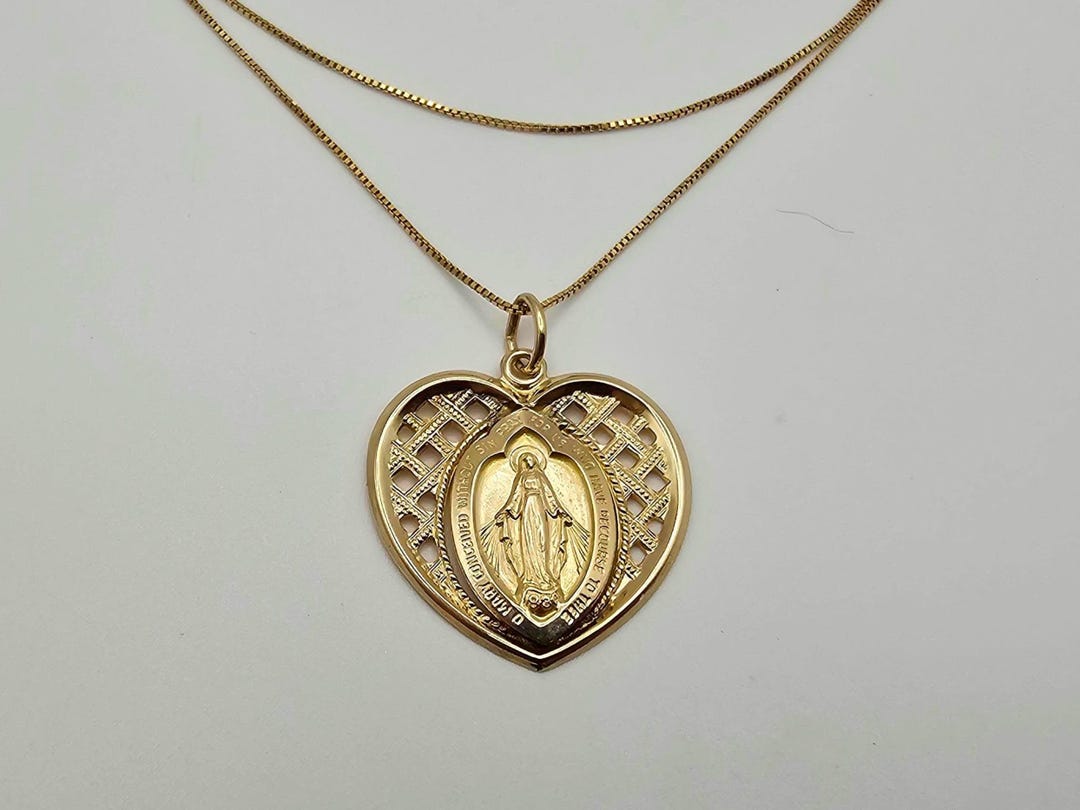 Vintage 14k Yellow Gold Miraculous Medal Virgin Mary Heart Necklace ...