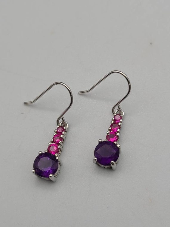 Pink Cubic Zirconia and Amethyst Earrings, 925 Si… - image 8